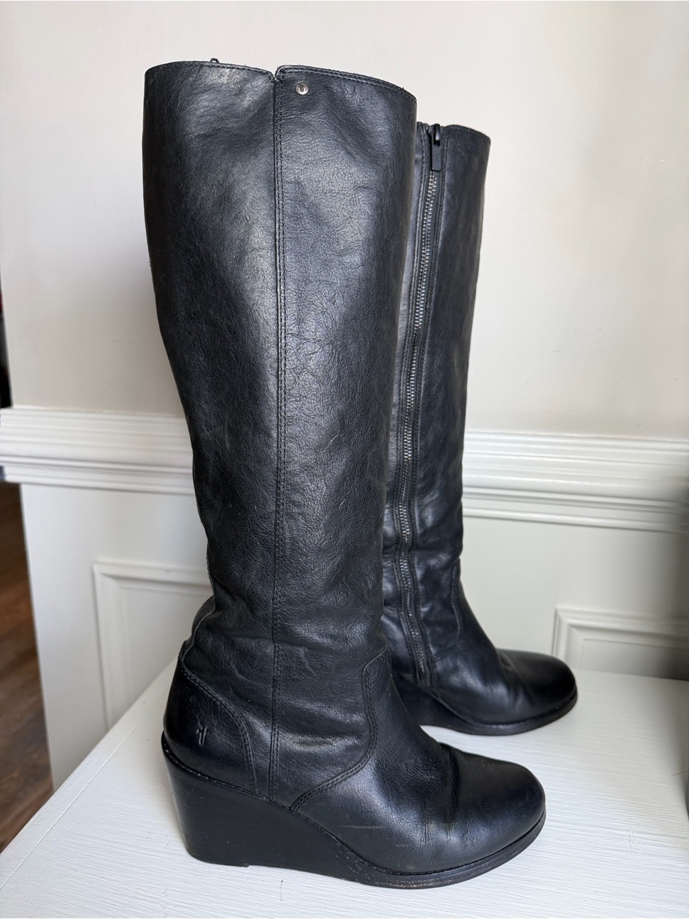 Women's Frye Emma Wedge Black Leather Knee High Boots. Size 7.5